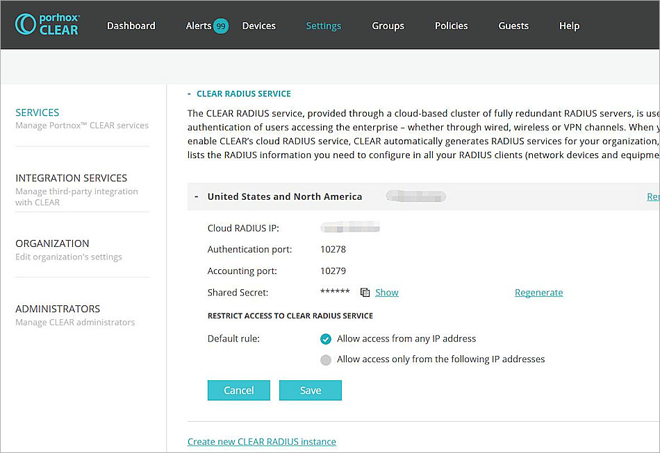 Create new CLEAR RADIUS service